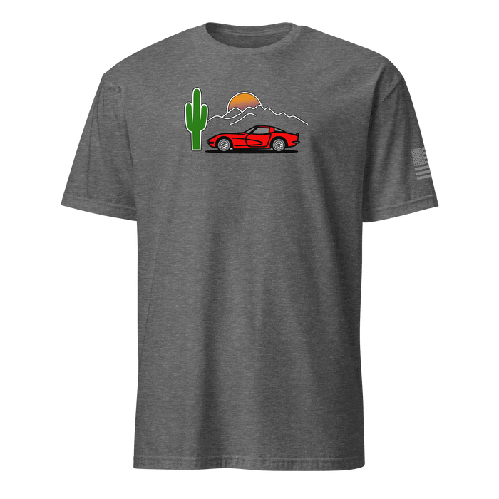 Retro Corvette sunset car t-shirt with vintage silhouette and bold colors