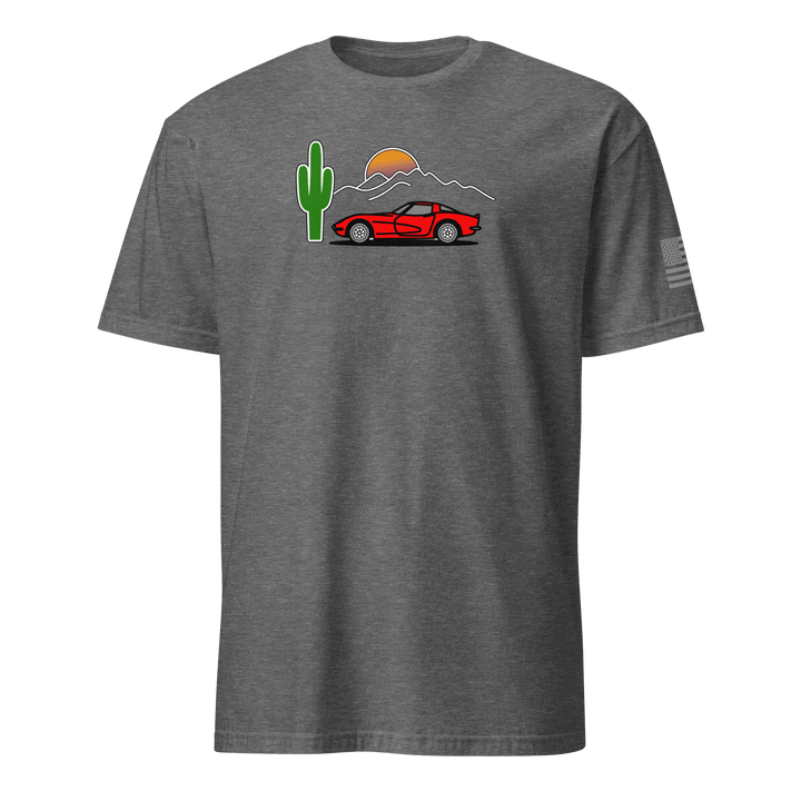 Retro Corvette sunset car t-shirt with vintage silhouette and bold colors