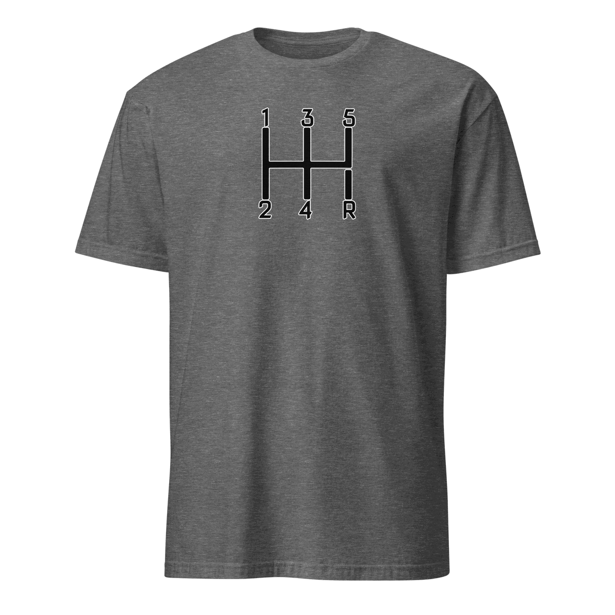 Gray manual transmission t-shirt with black and white gear shift pattern design for car enthusiasts