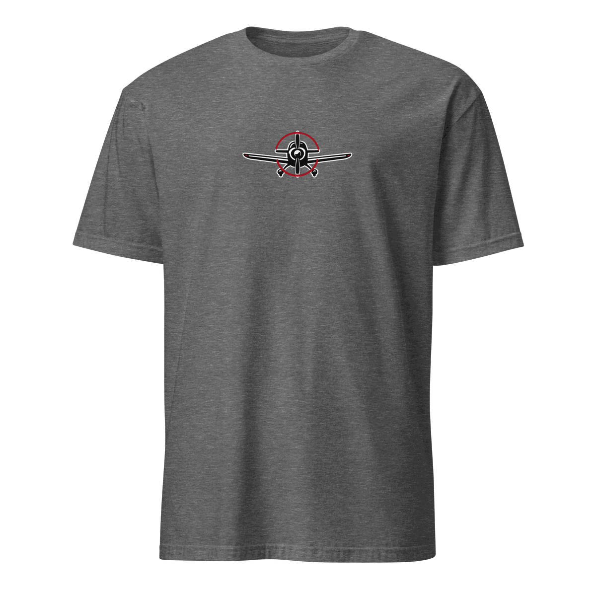 Aviation t-shirt for airplane lovers with a stylish airplane graphic on a gray background.