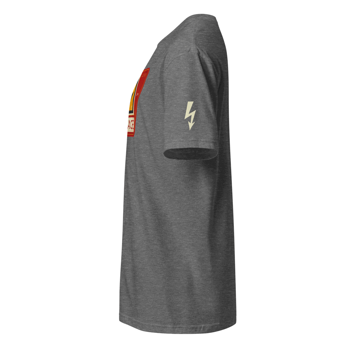 Side view of gray High Voltage Warning Sign T-shirt with lightning bolt on sleeve and retro industrial design on front