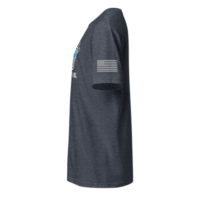 Side view of dark heather flying machine t-shirt with American flag on sleeve and adventure graphic design