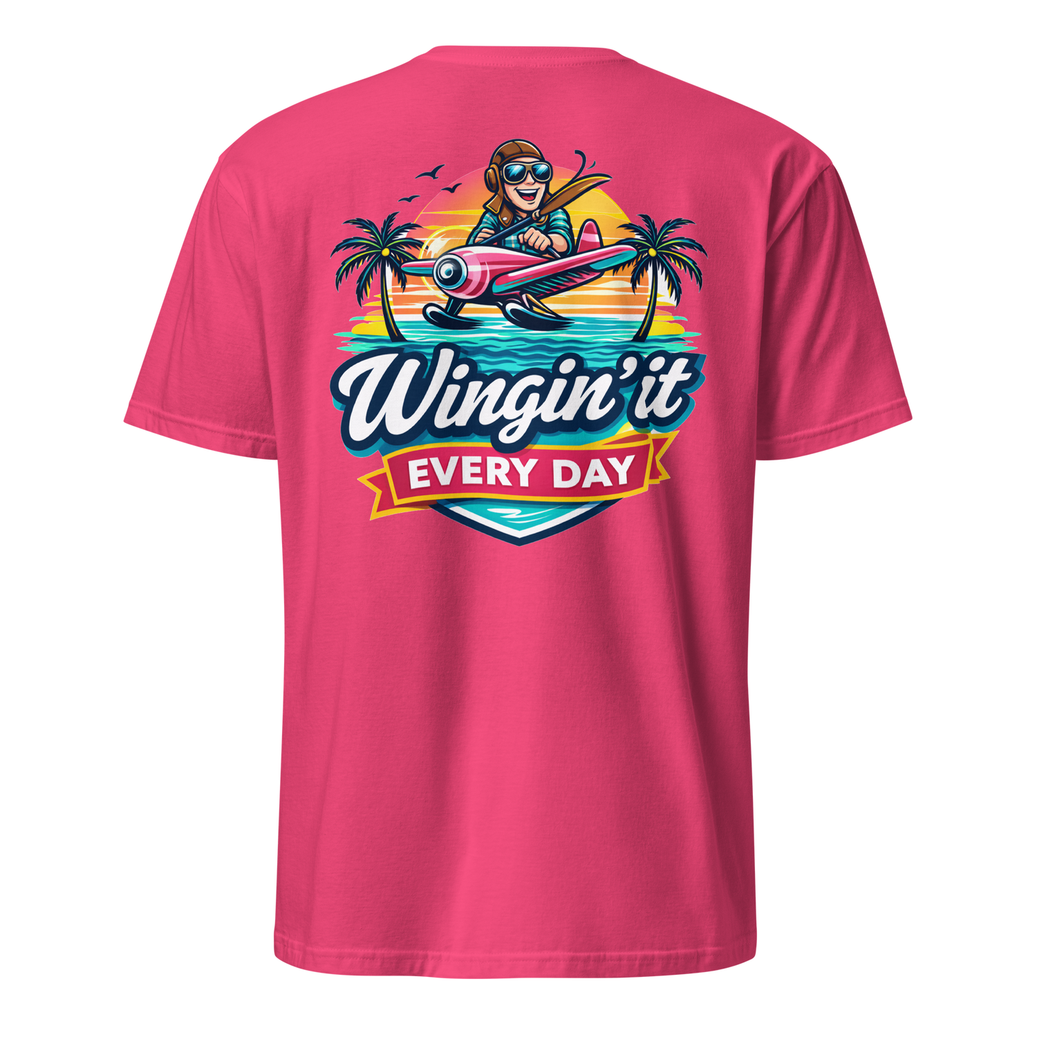 Aviation t-shirt featuring a colorful graphic of an aviator and palm trees, text reads &