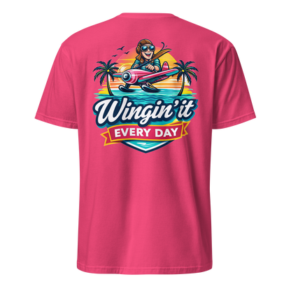 Aviation t-shirt featuring a colorful graphic of an aviator and palm trees, text reads &