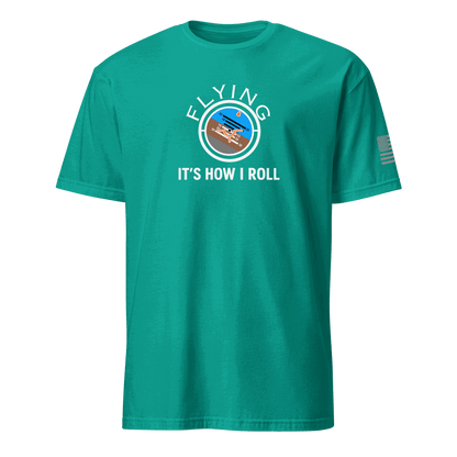 Teal flying machine t-shirt with vintage airplane graphic and &quot;Flying It&