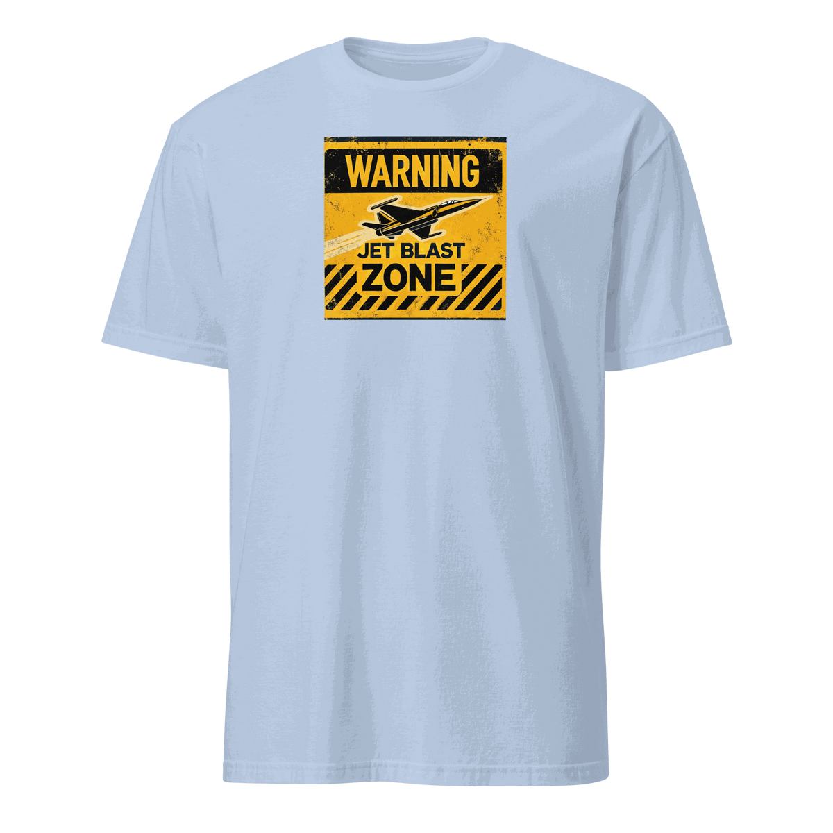 Light blue t-shirt with yellow and black "Warning Jet Blast Zone" aviation design, pilot gift tee
