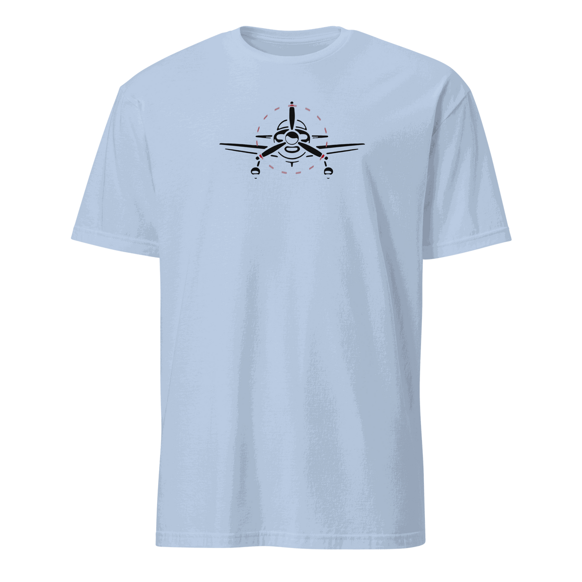 Light blue Plane 6 unisex short-sleeve aviation T-shirt with front airplane graphic design