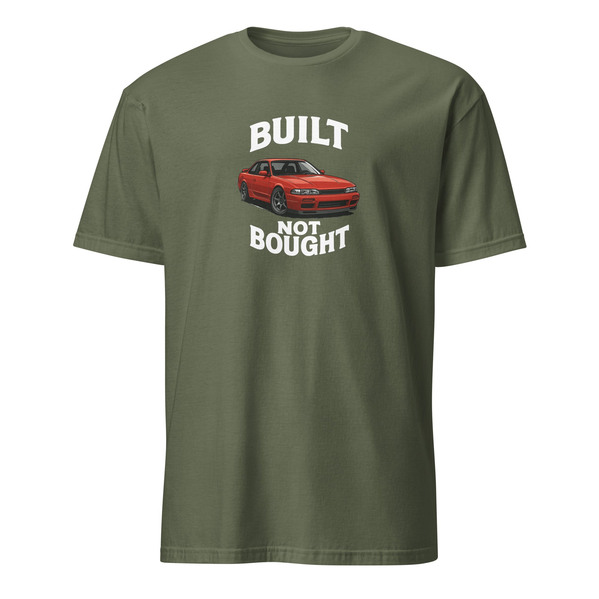Built Not Bought shirt flatlay with tools and garage background