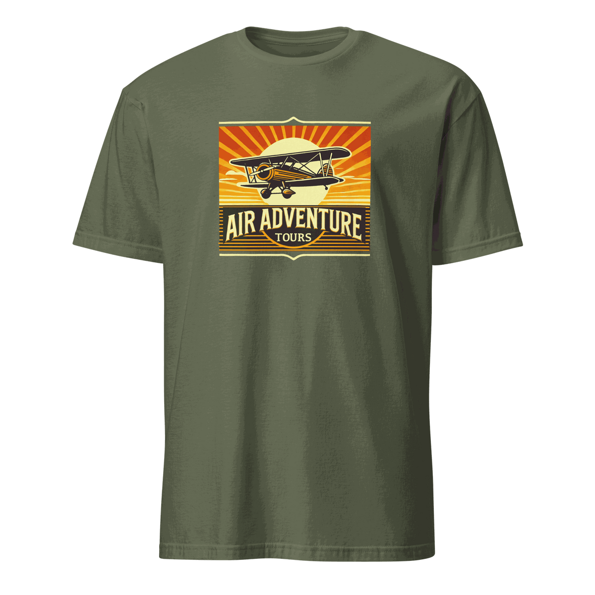 Vintage aviation graphic tee with retro airplane and "Air Adventure Tours" design on olive green shirt
