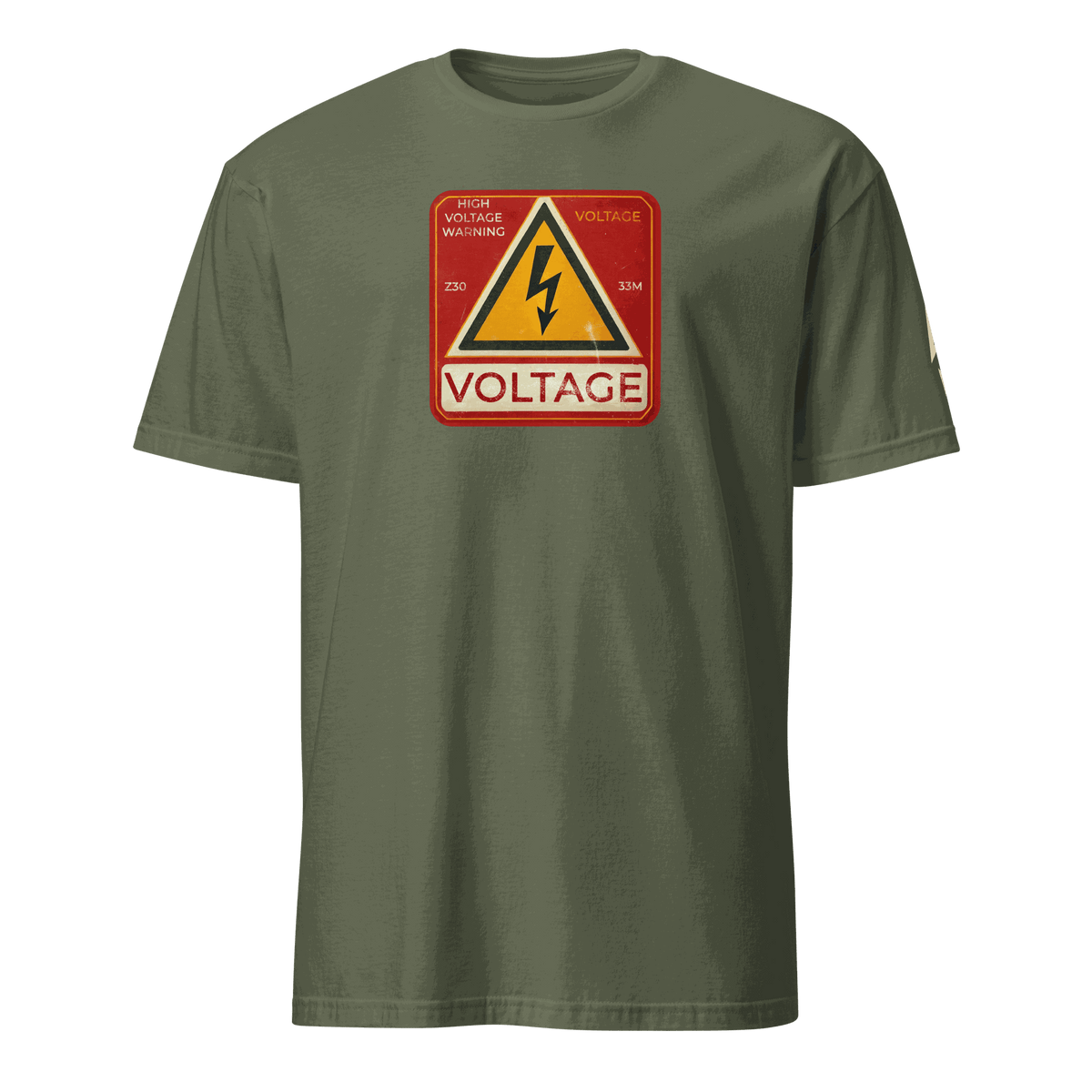 High Voltage Warning Sign T-shirt with retro industrial design and bold voltage graphic on olive green fabric