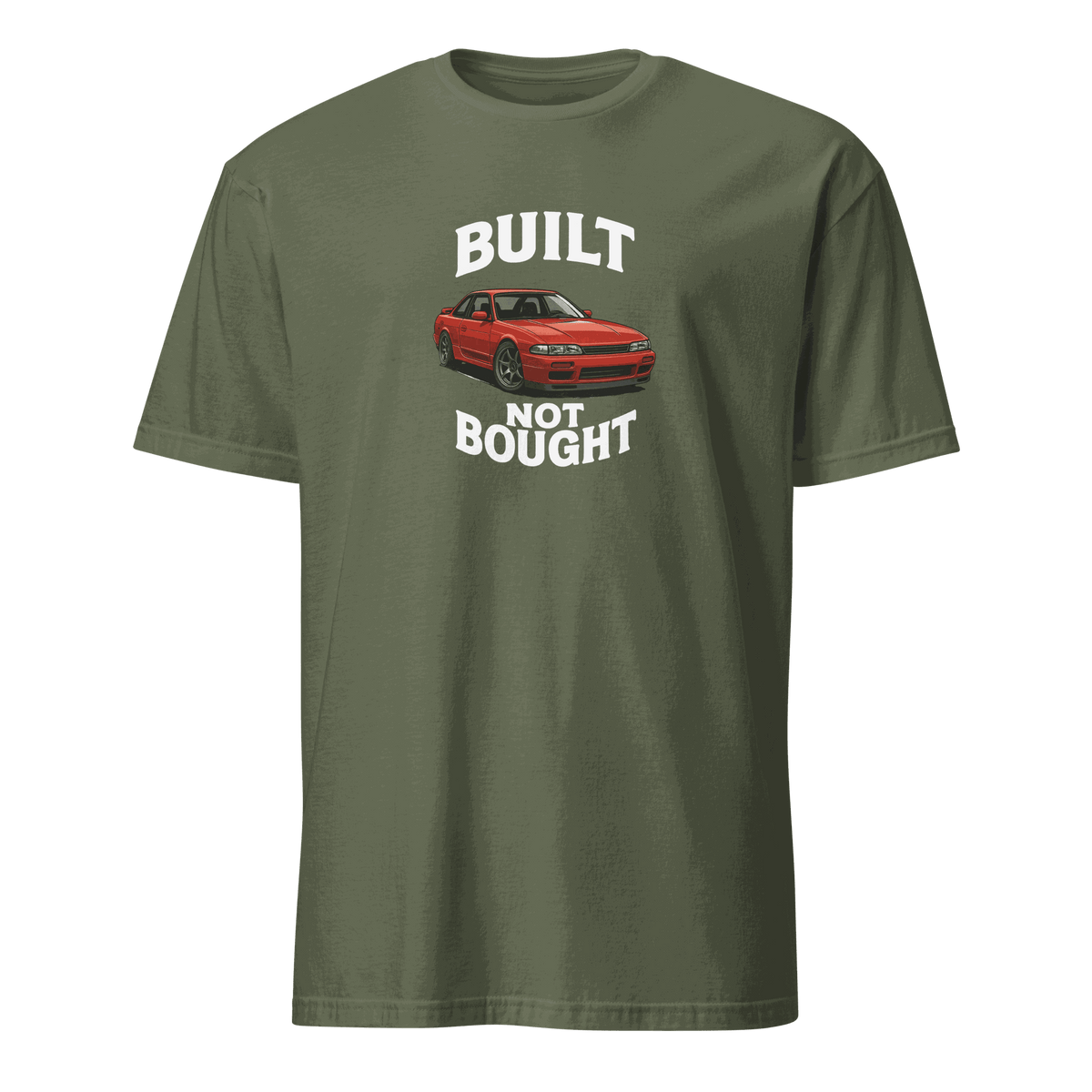 Green retro muscle car enthusiast t shirt with "Built Not Bought" text and red classic car graphic