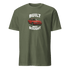 Green retro muscle car enthusiast t shirt with "Built Not Bought" text and red classic car graphic