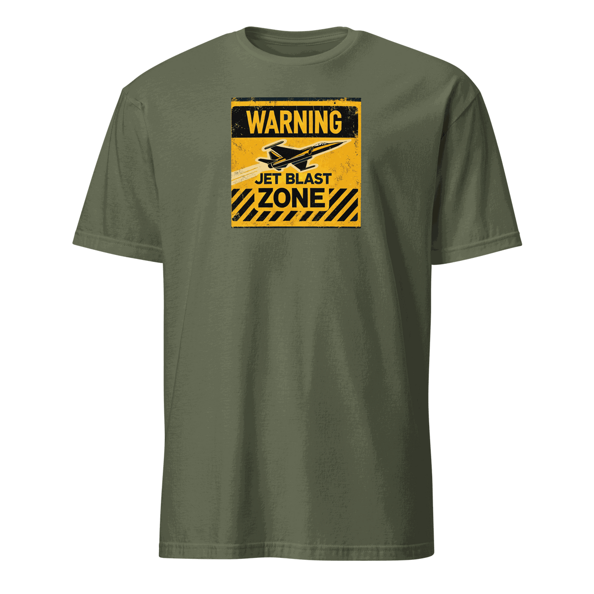Olive green Jet Blast Zone warning sign t-shirt for pilots and aviation enthusiasts