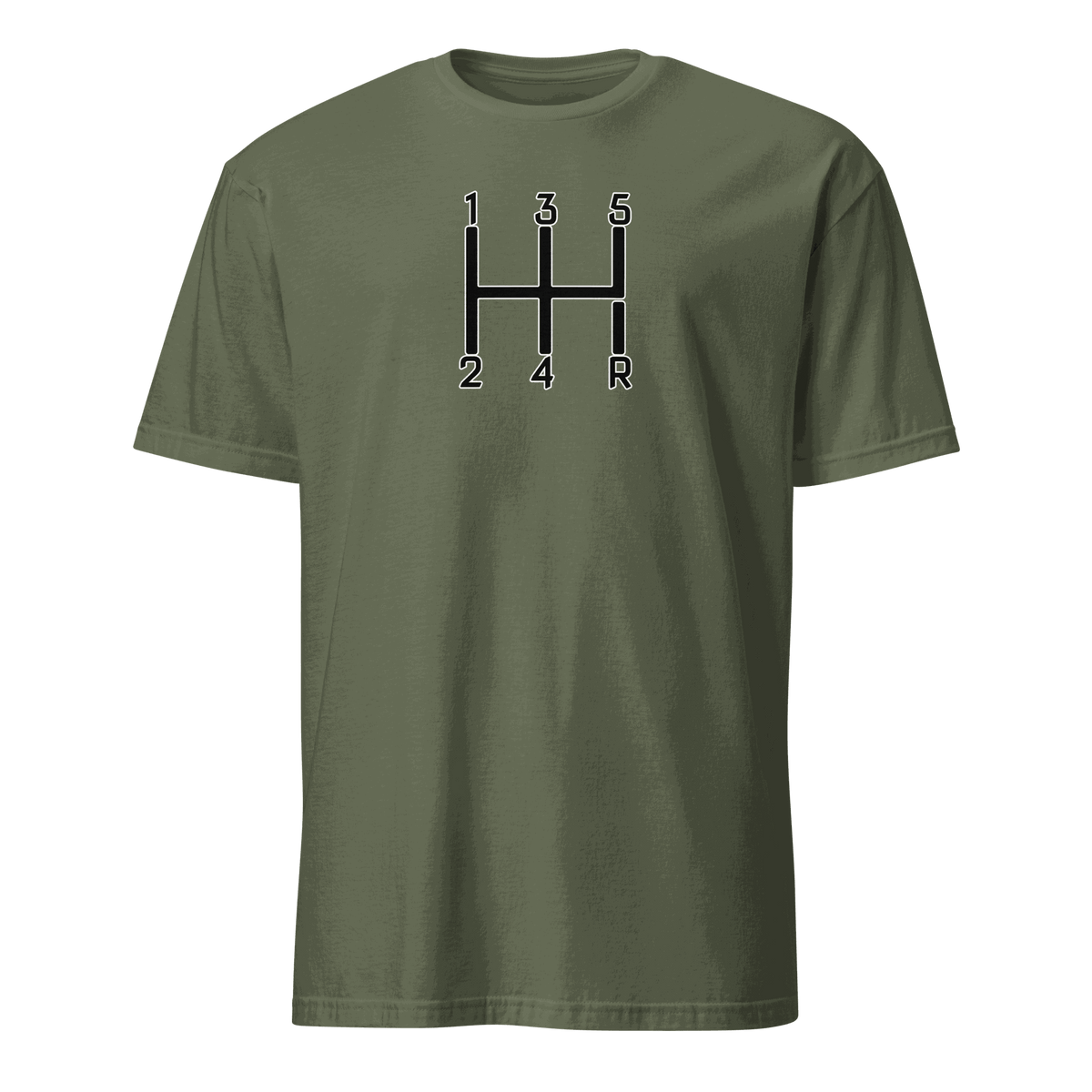 Olive green manual transmission t-shirt with black and white gear shift pattern design