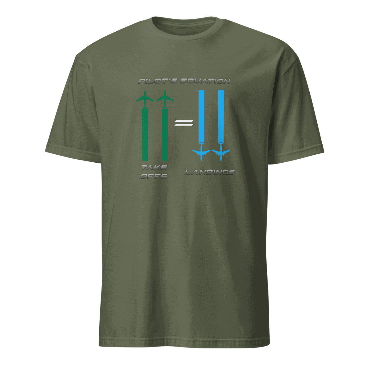 Pilot Equation T-Shirt in olive green with humorous aviation takeoff and landing graphic, unisex fit.