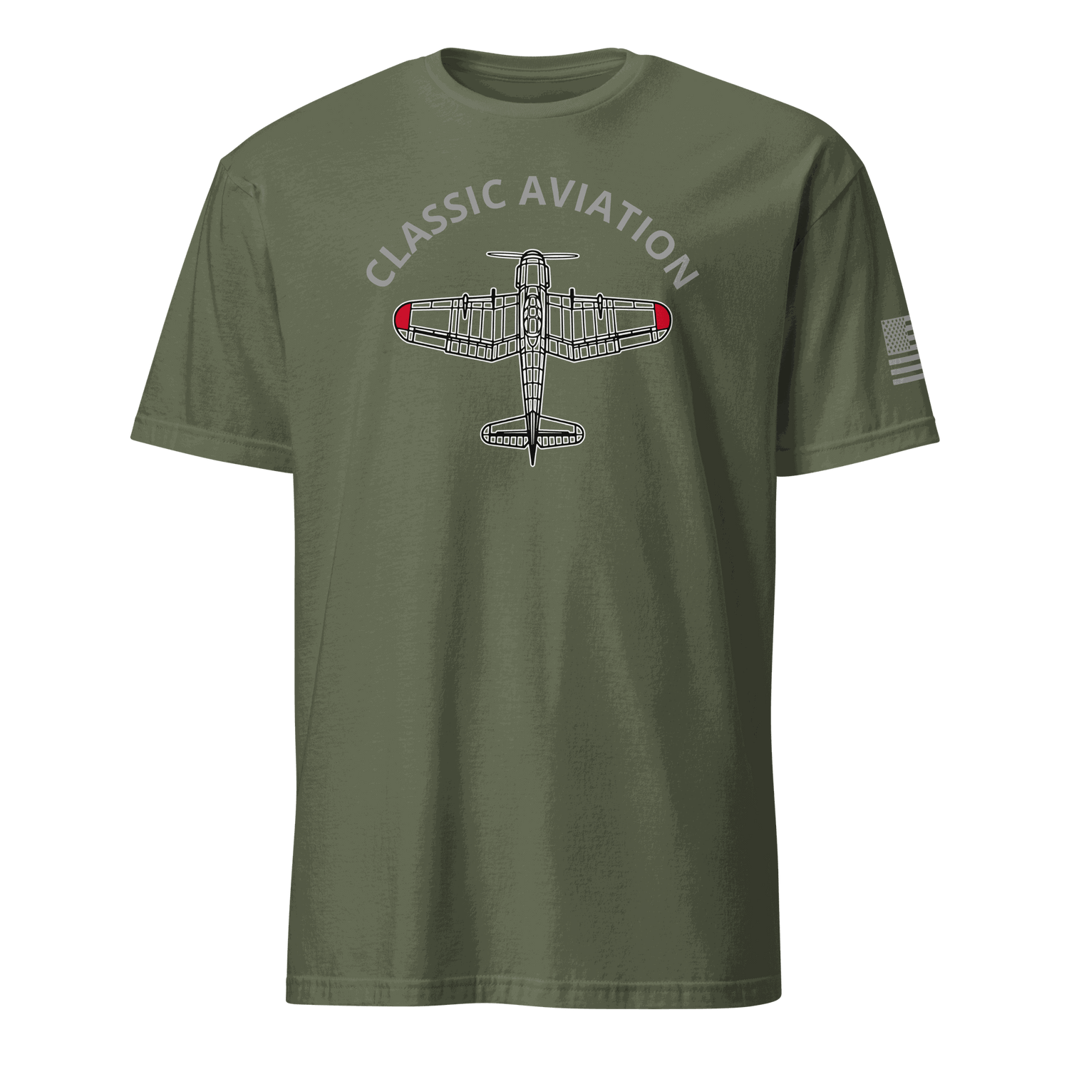 Classic olive green Aviation T-Shirt with vintage airplane graphic and &quot;Classic Aviation&quot; text, soft cotton pilot gift tee