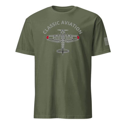 Classic olive green Aviation T-Shirt with vintage airplane graphic and &quot;Classic Aviation&quot; text, soft cotton pilot gift tee