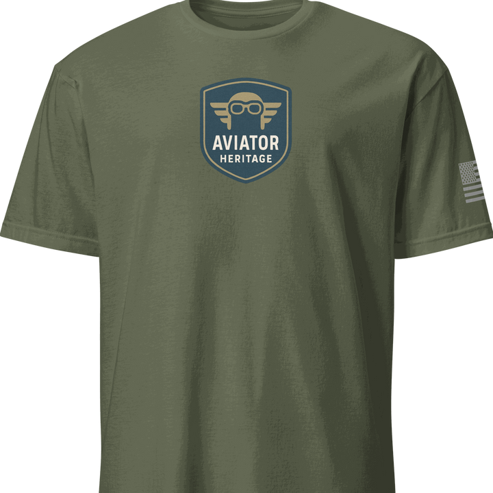 Vintage aviation t-shirt in olive green with Aviator Heritage logo and American flag on sleeve, made of soft 100% cotton.
