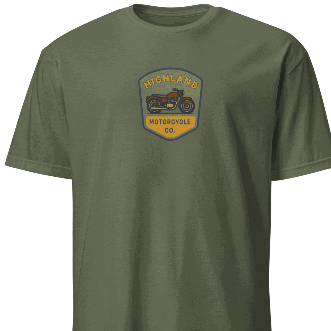 Vintage Biker T-Shirt olive green cotton tee with Highland Motorcycle Co. logo