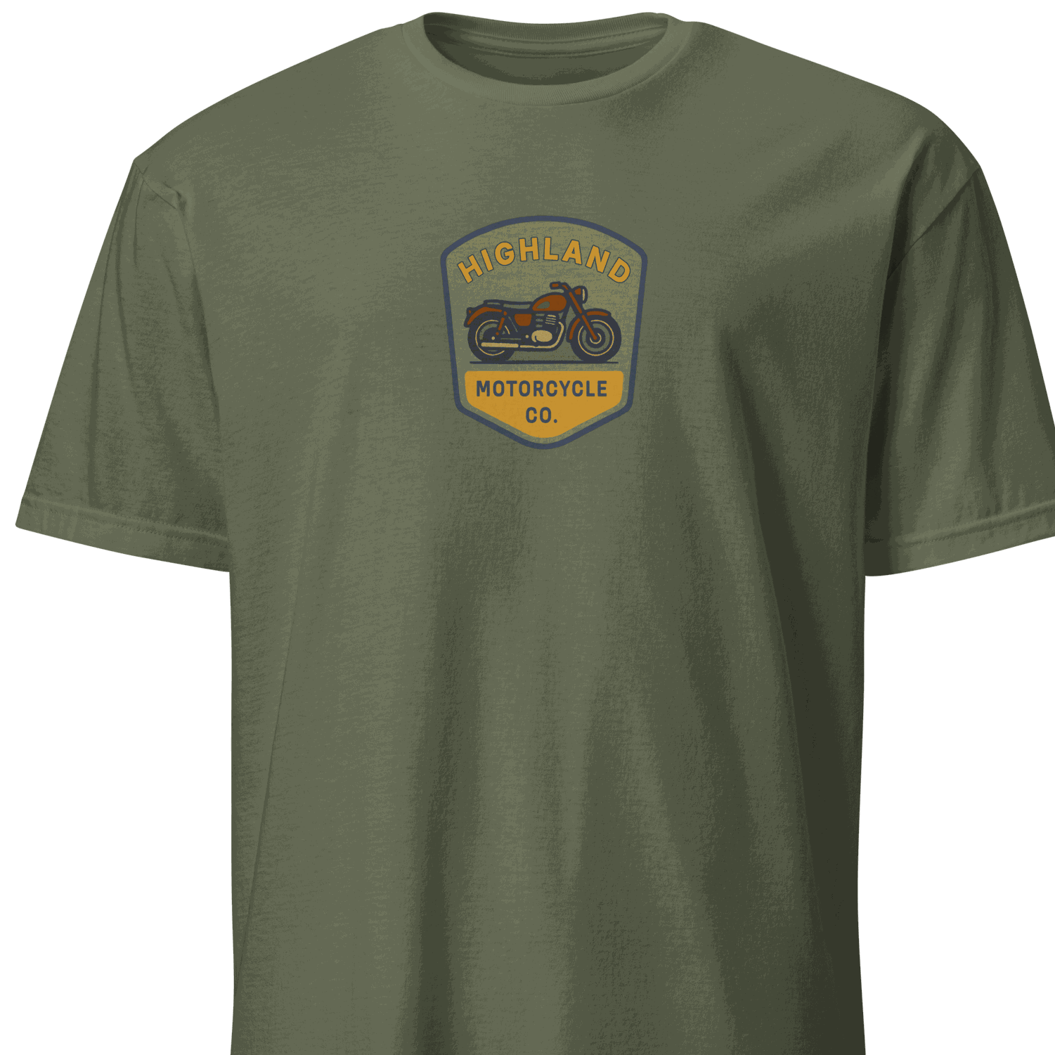 Vintage Biker T-Shirt olive green cotton tee with Highland Motorcycle Co. logo