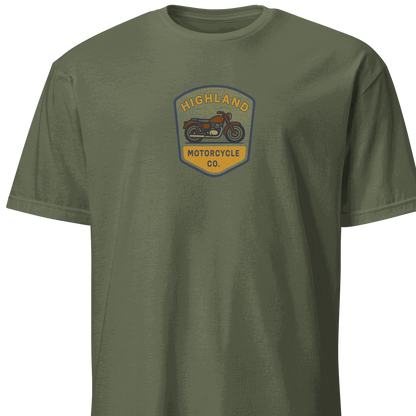 Vintage Biker T-Shirt olive green cotton tee with Highland Motorcycle Co. logo