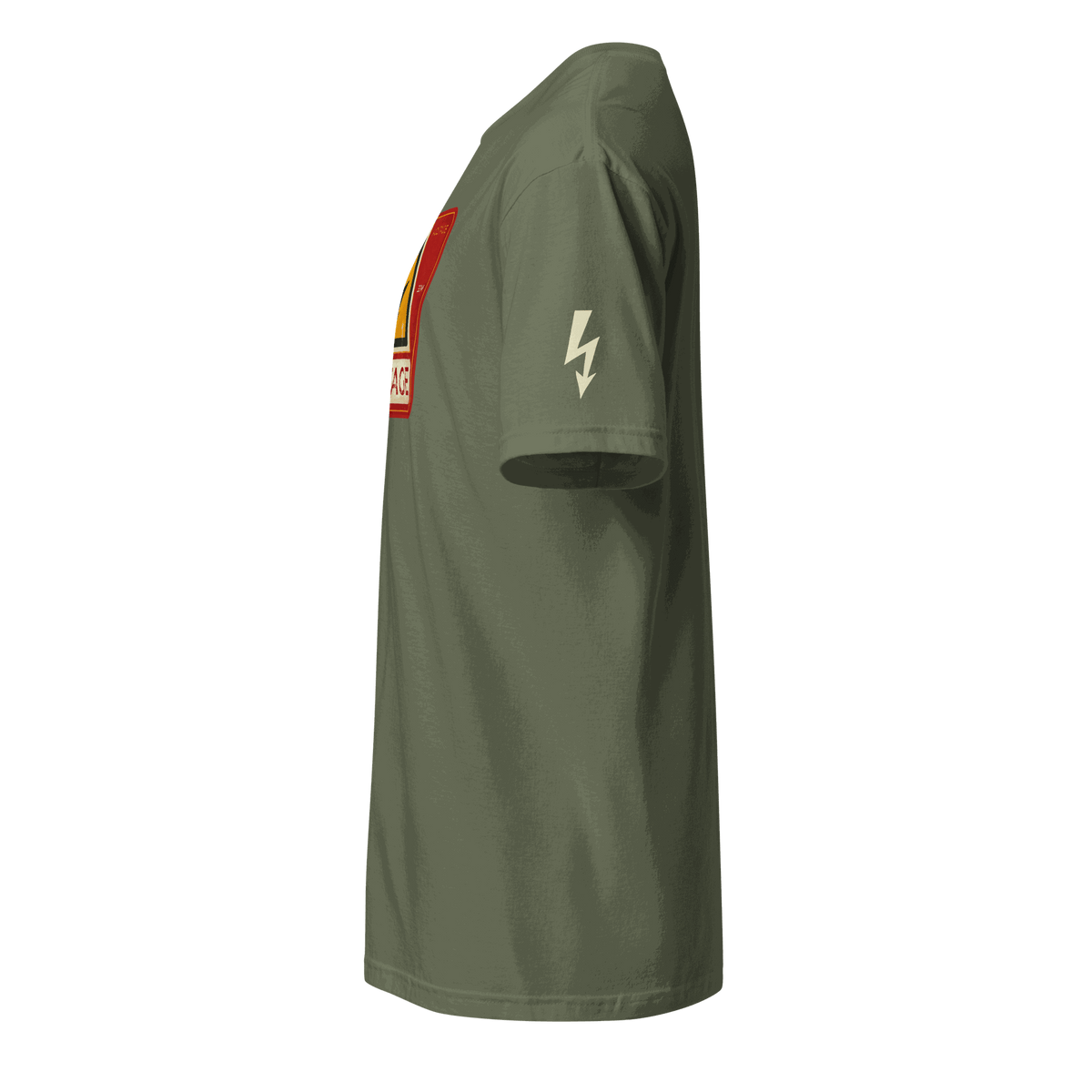 Olive green High Voltage Warning Sign T-shirt with retro industrial graphic and lightning bolt on sleeve side view