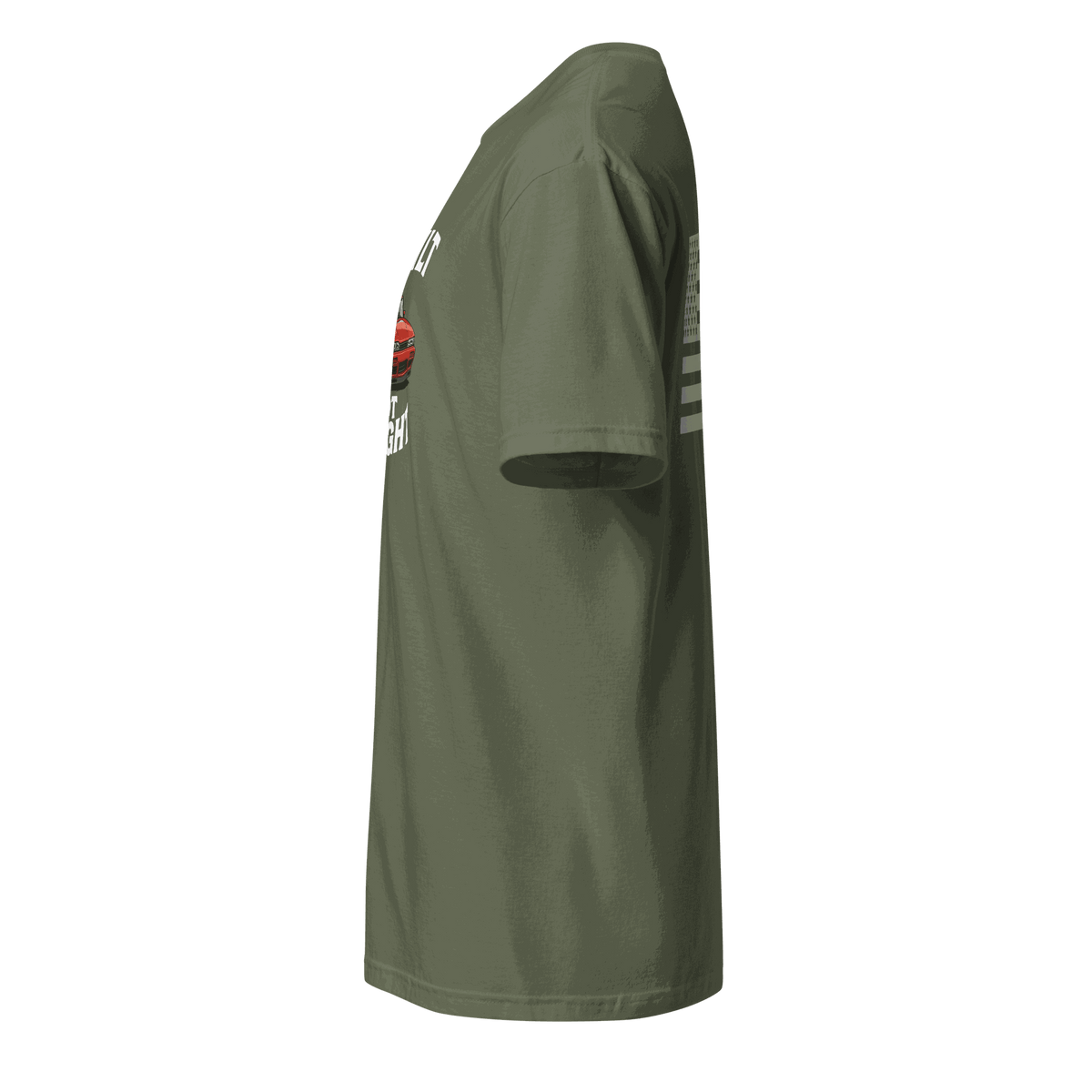 side view of olive green retro muscle car enthusiast t shirt for car lovers