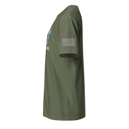 Side view of olive green Pilot Shirt made of soft 100% ring-spun cotton with American flag on sleeve