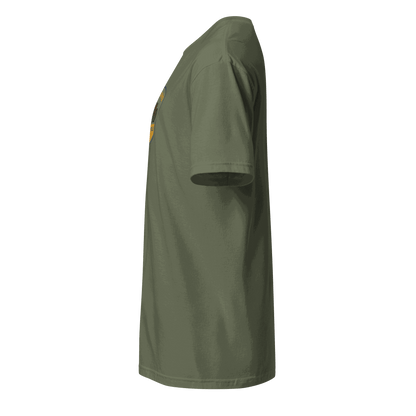Side view of olive green vintage biker t-shirt made from 100% organic cotton by Highland Motorcycle Co.