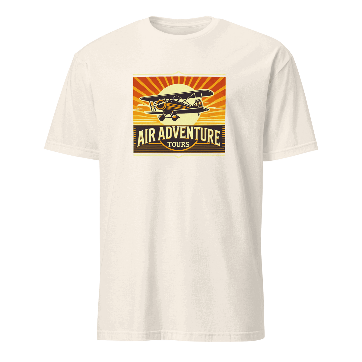 vintage aviation graphic tee with retro airplane and air adventure tours design on white background
