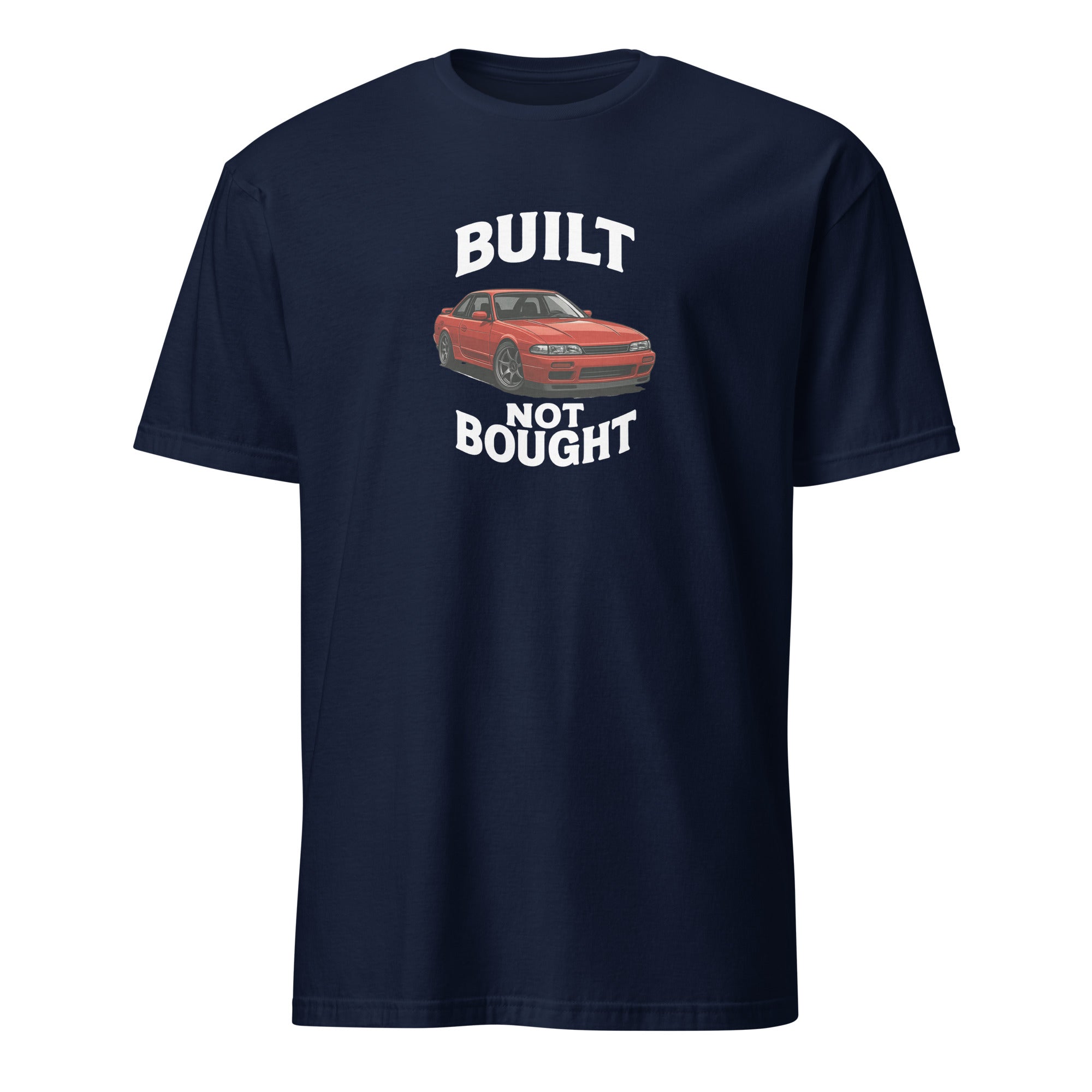 Built Not Bought shirt flatlay with tools and garage background