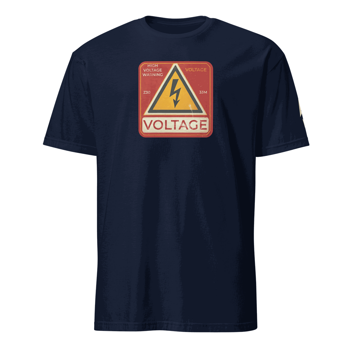 Navy High Voltage Warning Sign T-shirt with retro industrial design and bold voltage graphic