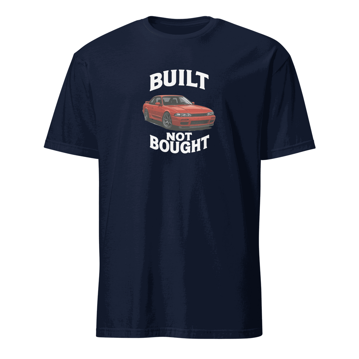 Navy blue car enthusiast t shirt featuring a red retro muscle car and the text "Built Not Bought"