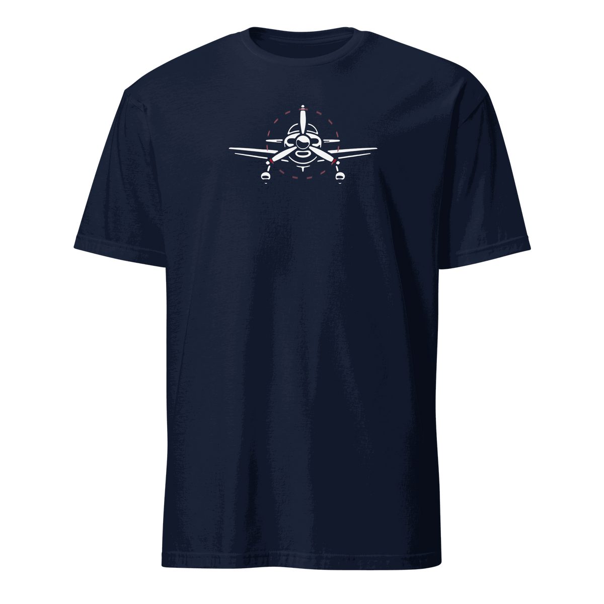 Navy blue Plane 6 aviation T-shirt with airplane graphic, short sleeves, unisex design, 100% ring-spun cotton.