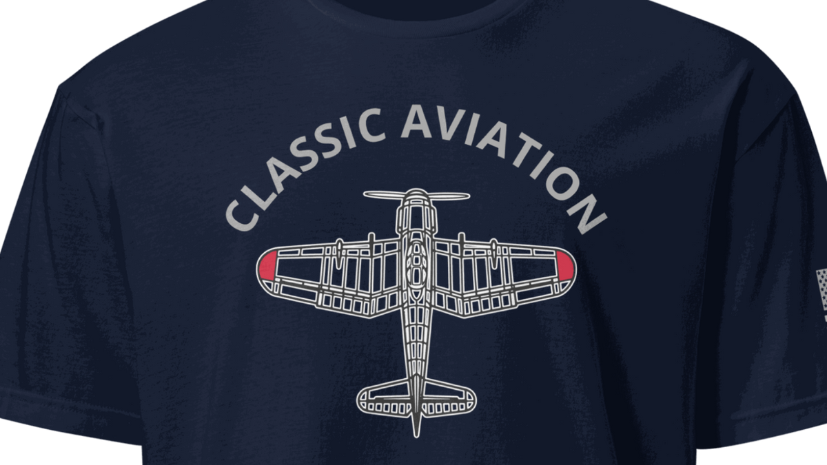Classic Aviation T-Shirt with airplane graphic, navy blue, perfect pilot gift