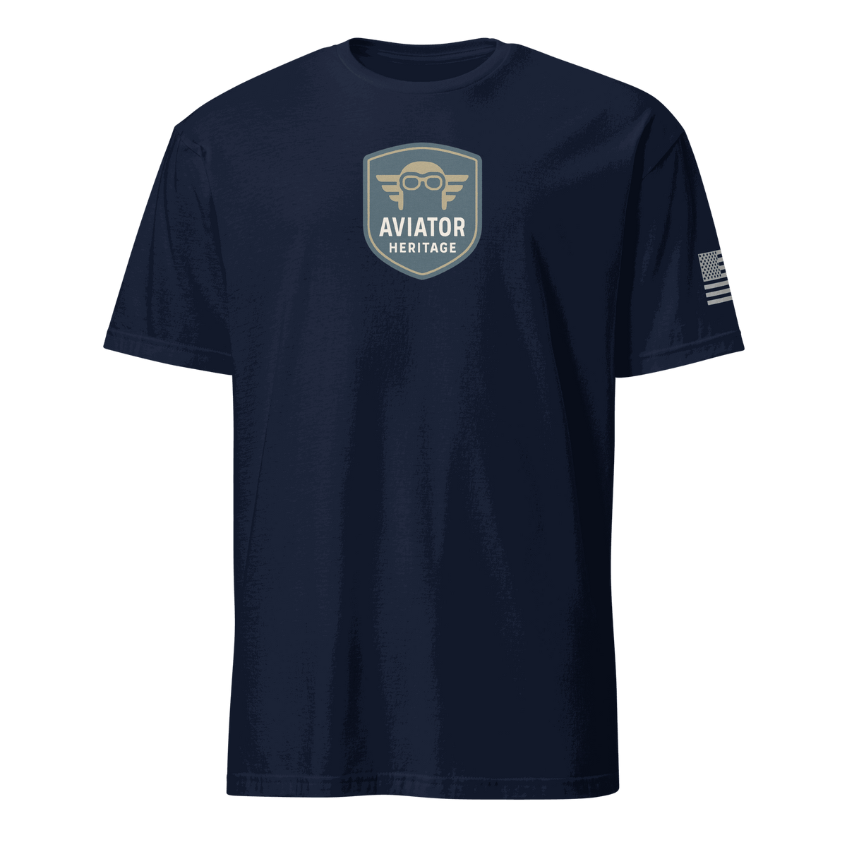 Vintage aviation t-shirt in navy with Aviator Heritage logo and American flag sleeve patch, made from soft 100% cotton.