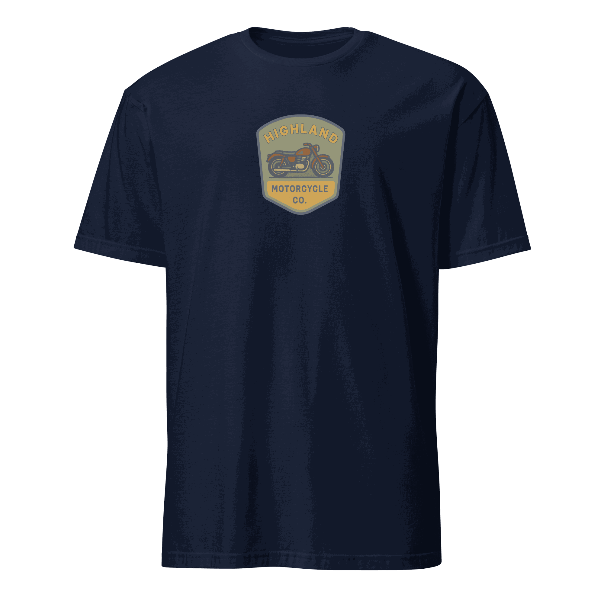 Navy Vintage Biker T-Shirt with Highland Motorcycle Co. logo, 100% organic cotton, medium fit, breathable and durable bike tee