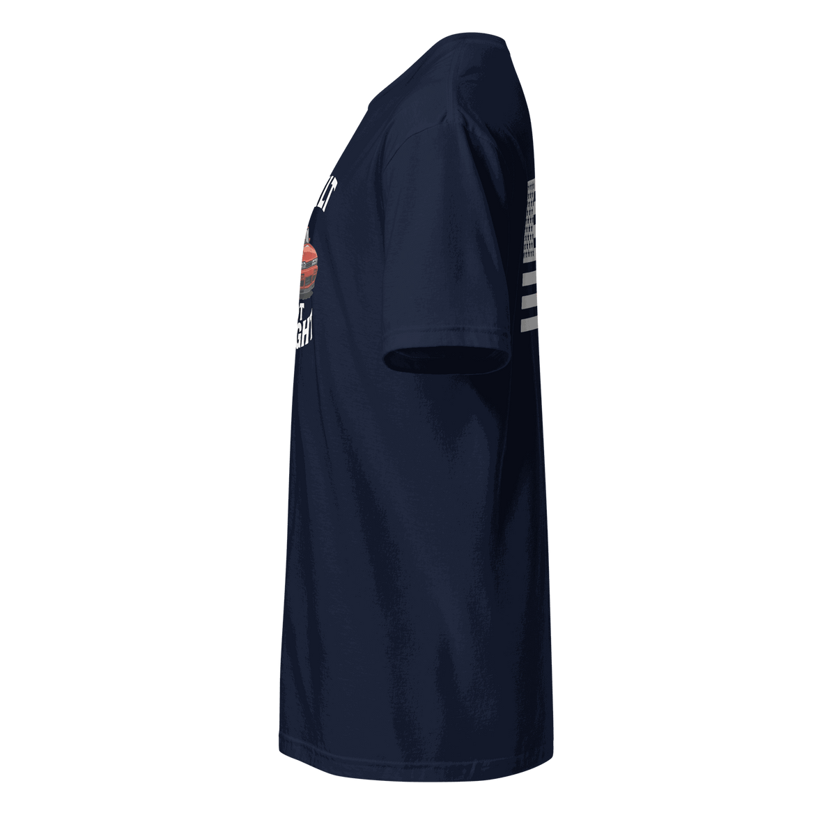 Navy car enthusiast t shirt with retro muscle car design and bold text on chest and sleeve
