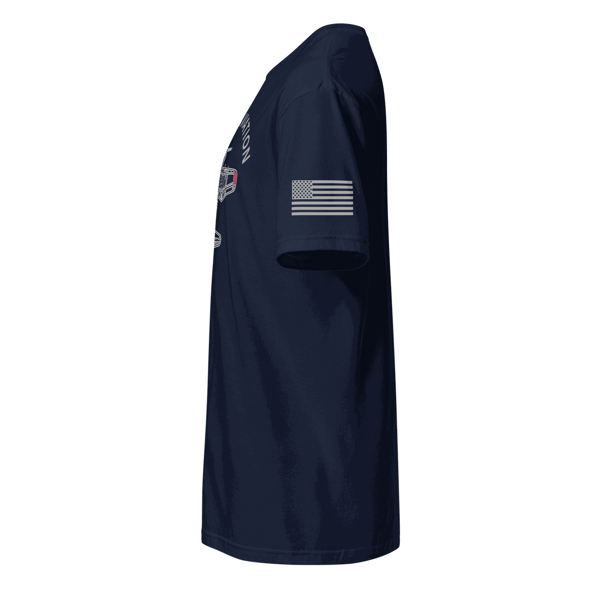 Side view of navy blue Aviation T-Shirt with American flag patch on sleeve, classic pilot gift design