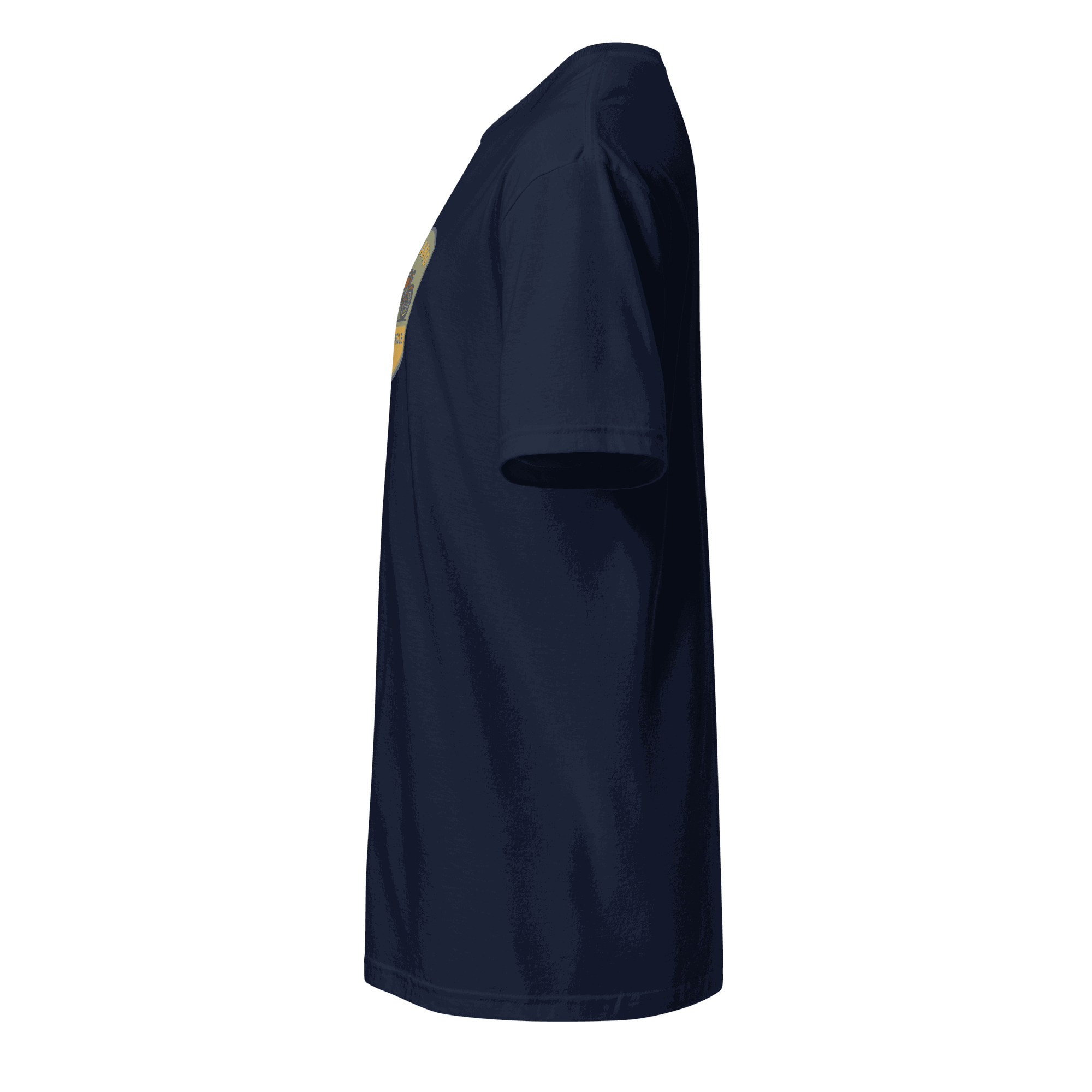 Side view of navy blue vintage biker t-shirt made from 100% organic cotton