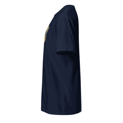 Side view of navy blue vintage biker t-shirt made from 100% organic cotton