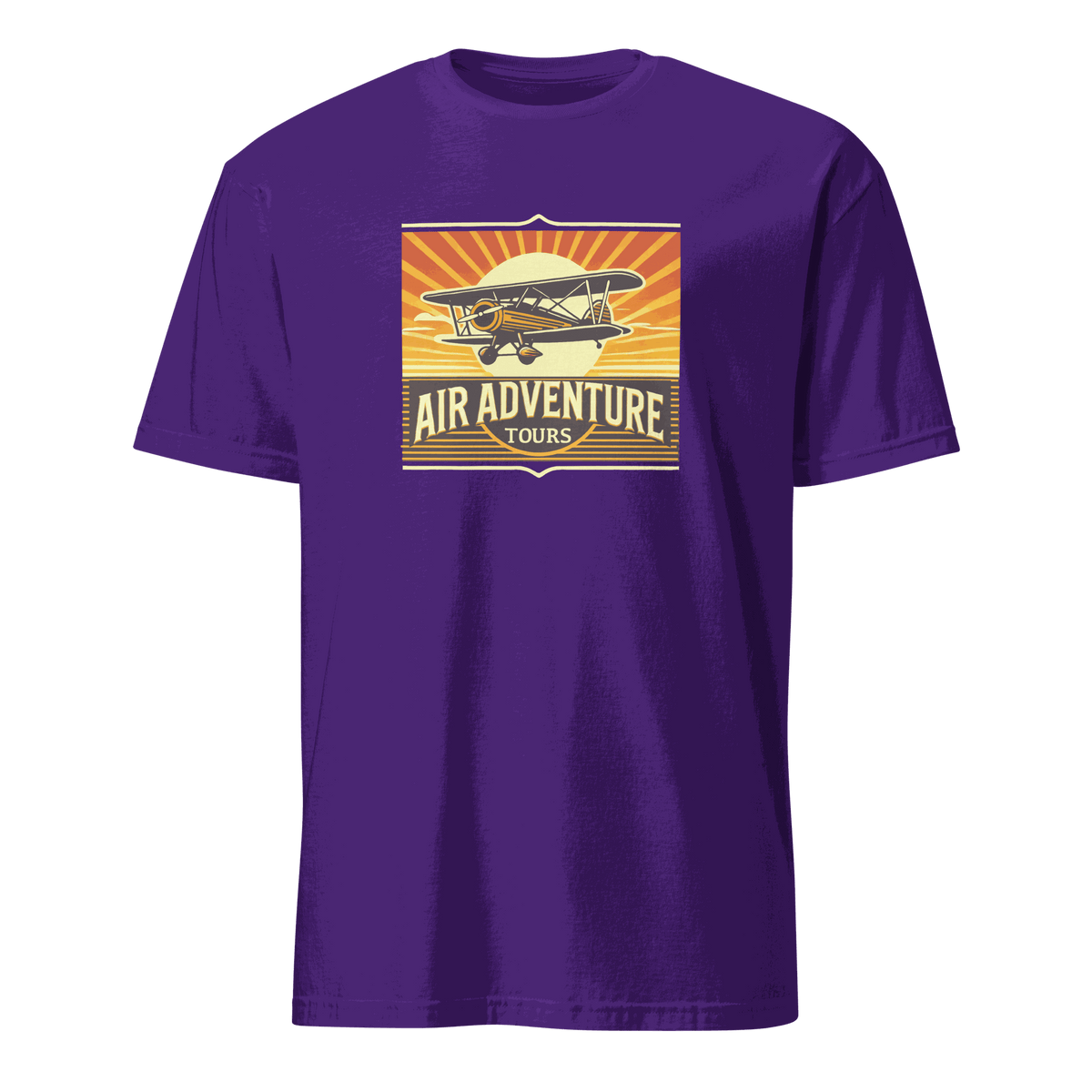 purple vintage aviation graphic tee with retro airplane design and air adventure tours text