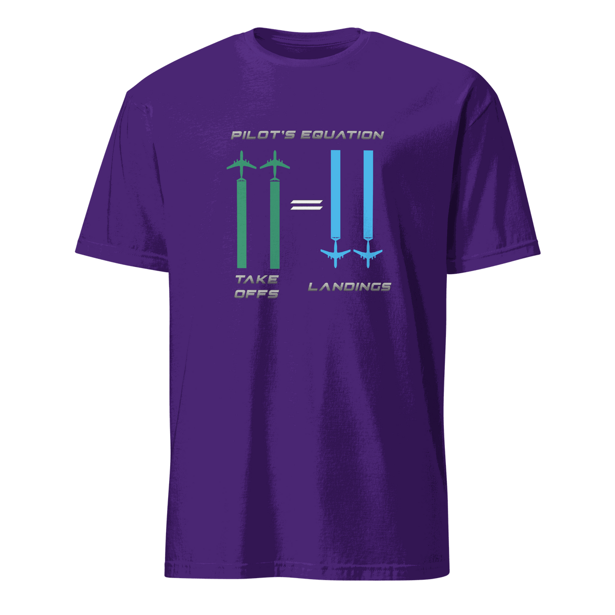 Purple Pilot Equation T-Shirt with humorous aviation graphic showing takeoffs equal landings