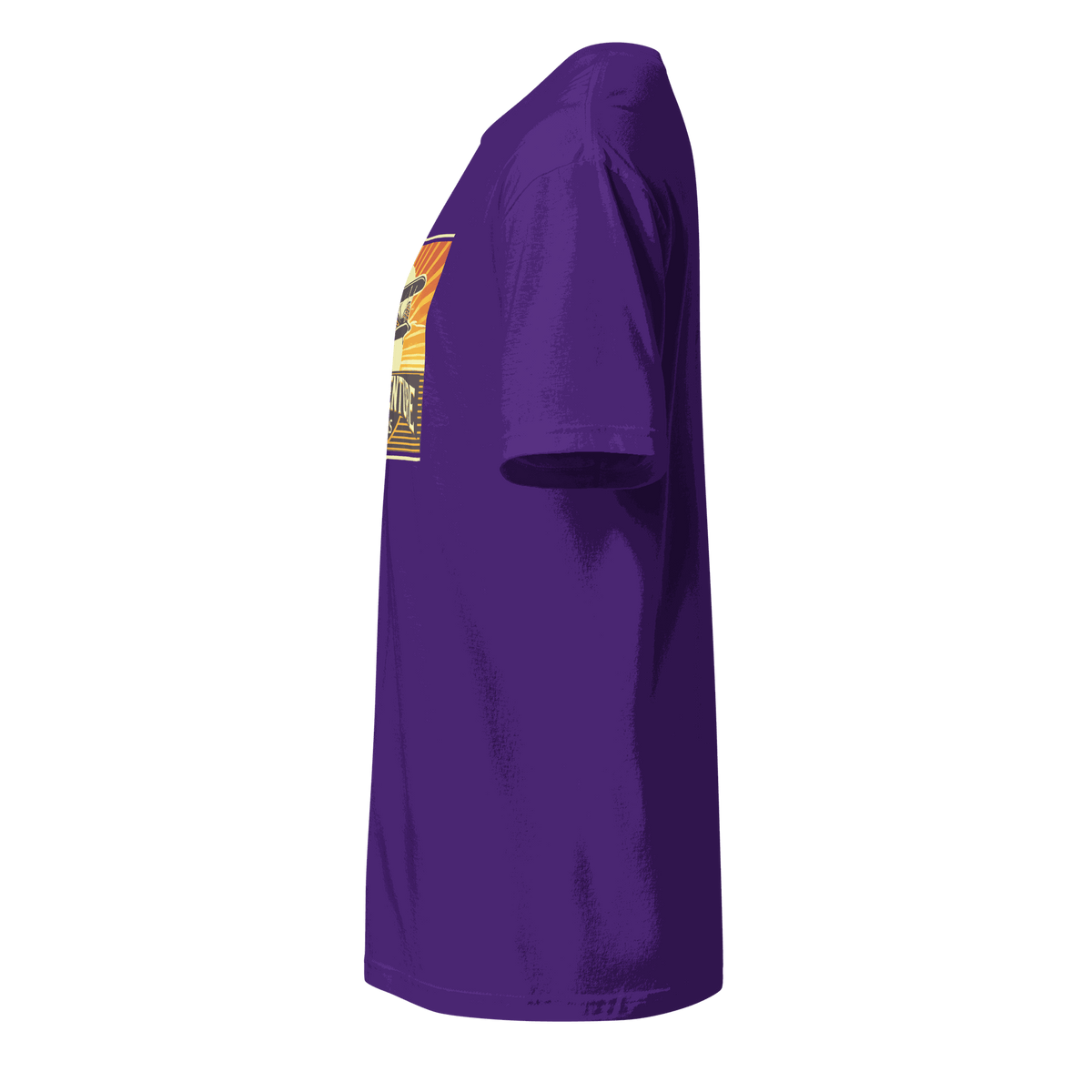 side view of purple vintage aviation graphic tee with retro pilot design