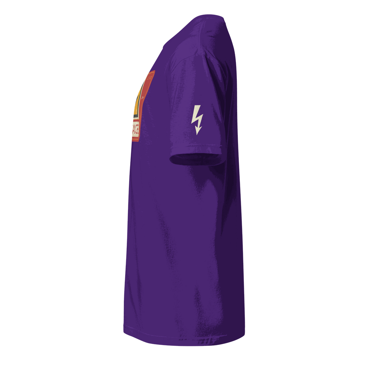 Purple High Voltage Warning Sign T-shirt with retro industrial design and lightning bolt on sleeve, side view