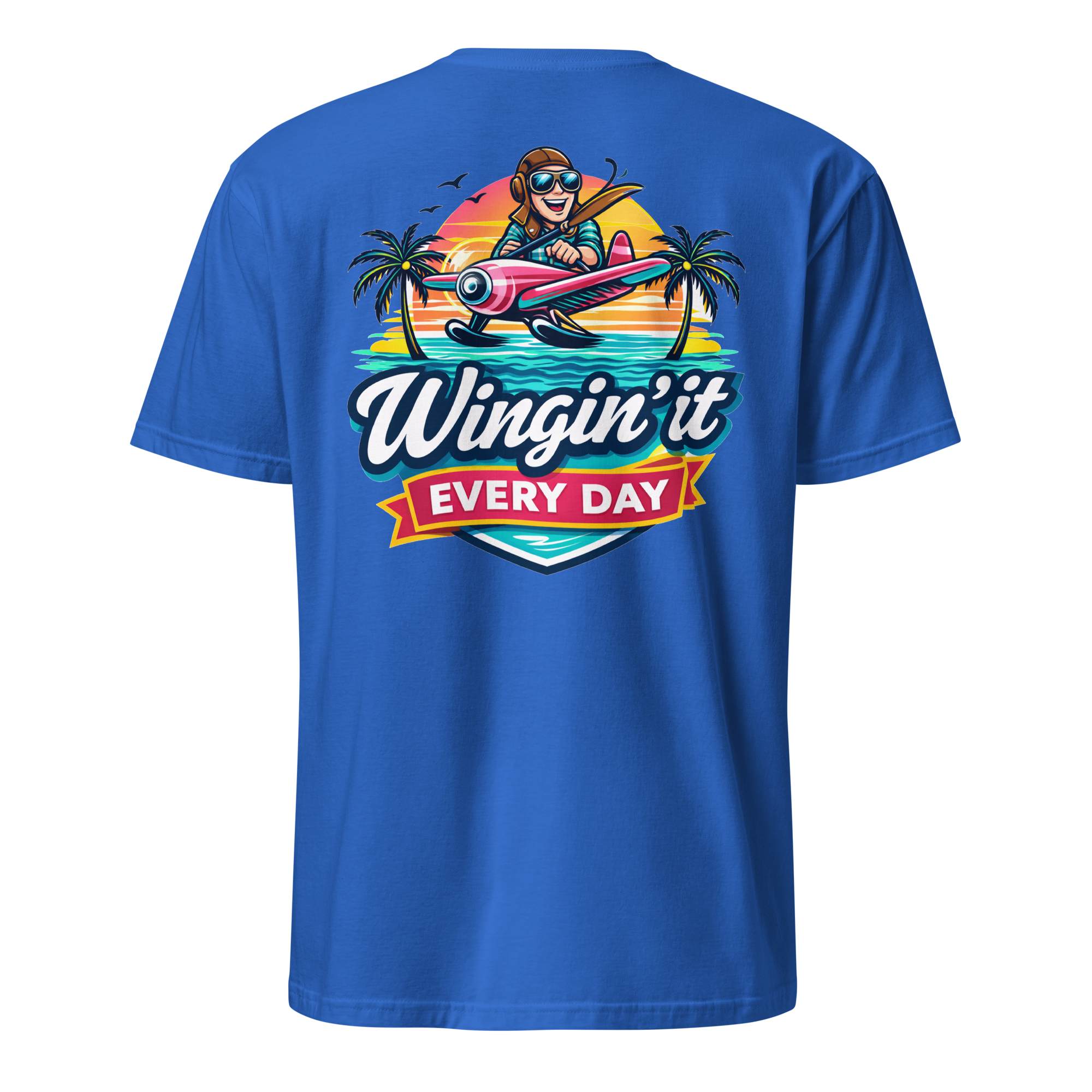 Aviation t-shirt featuring a colorful design with a pilot flying a plane and the text Wingin&