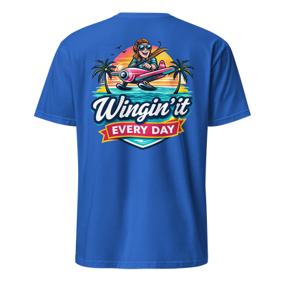 Aviation t-shirt featuring a colorful design with a pilot flying a plane and the text Wingin&