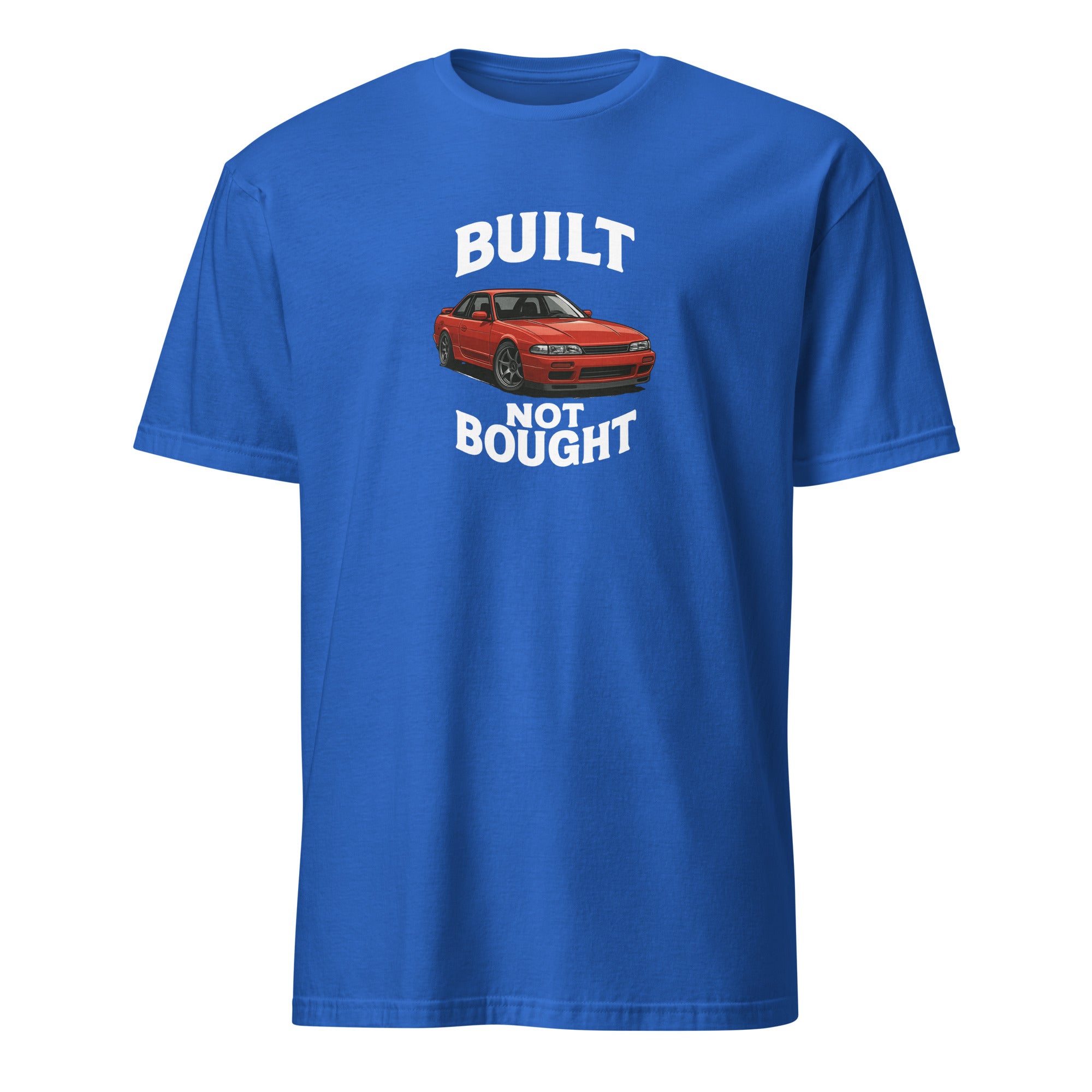 Built Not Bought shirt flatlay with tools and garage background