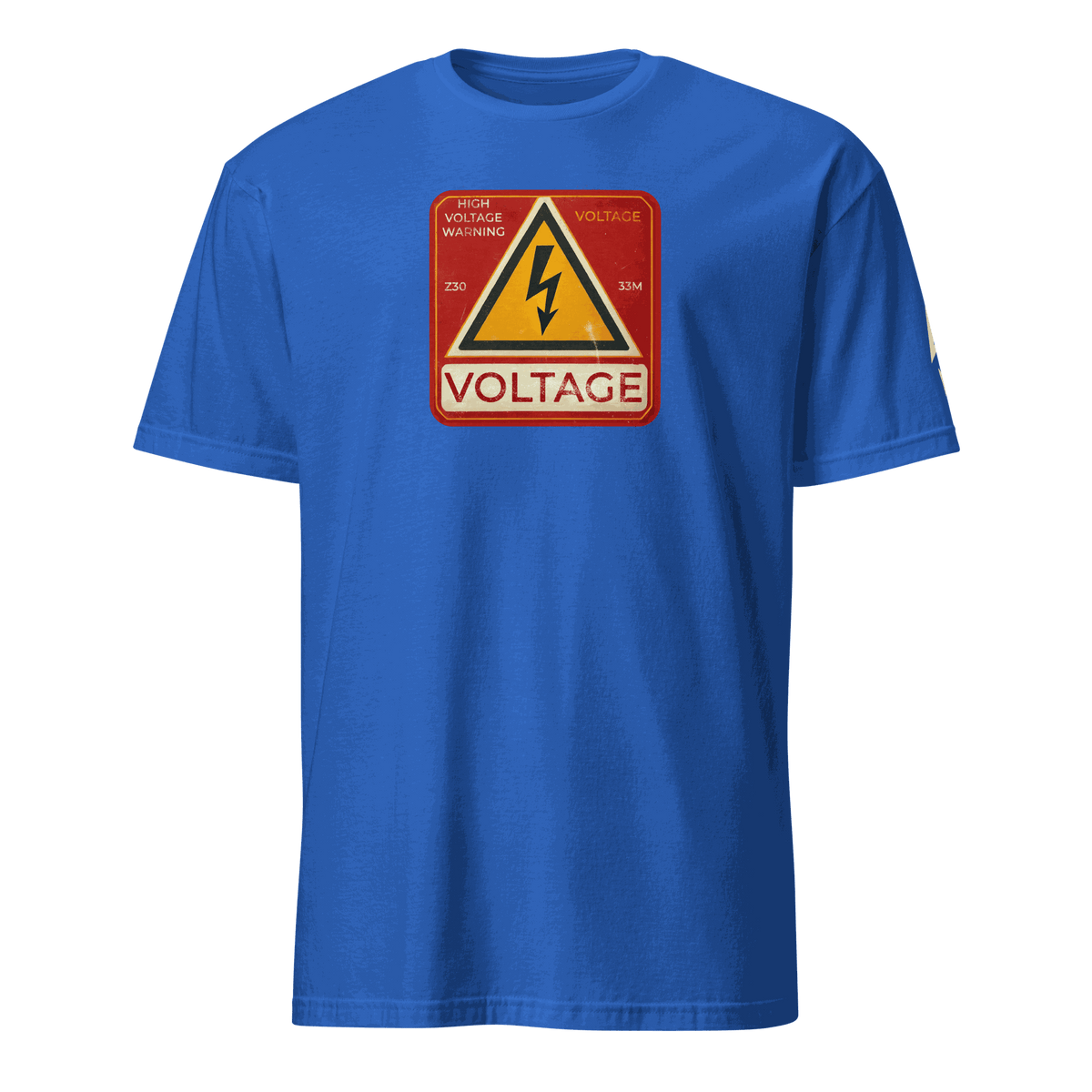 Blue High Voltage Warning Sign T-shirt with retro industrial voltage graphic on front