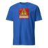 Blue High Voltage Warning Sign T-shirt with retro industrial voltage graphic on front